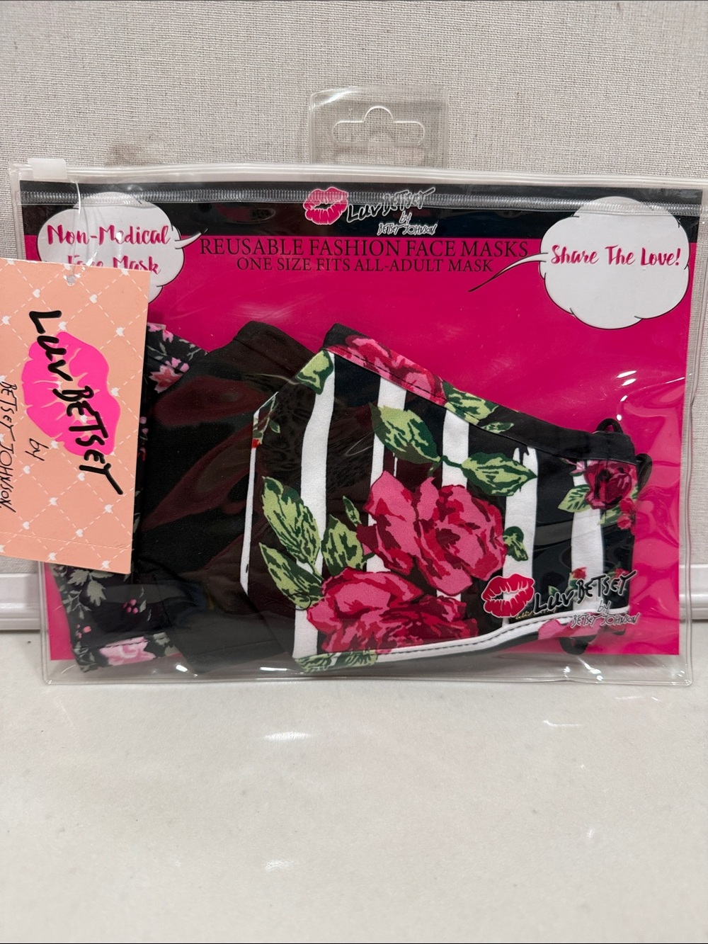 Floral Stripe Reusable Face Mask - Black & Pink by Betsey Johnson